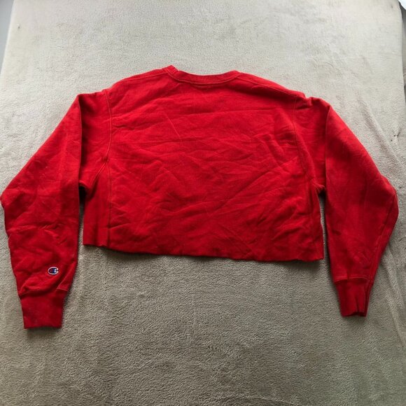 Champion Women's Reverse Weave Sweatshirt Large Crew Neck Red Cropped with Sciss - Picture 14 of 14